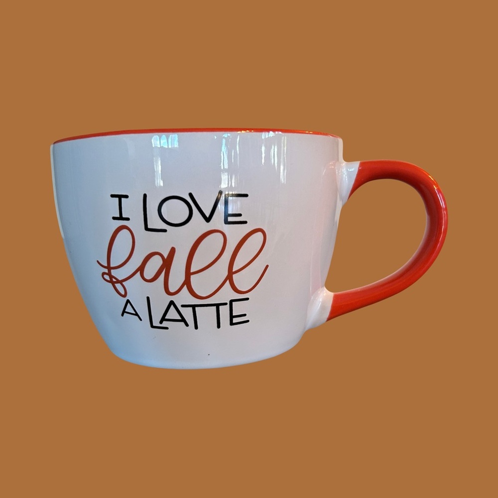 “I Love Fall A Latte” Ceramic Mug — Orange & White, New